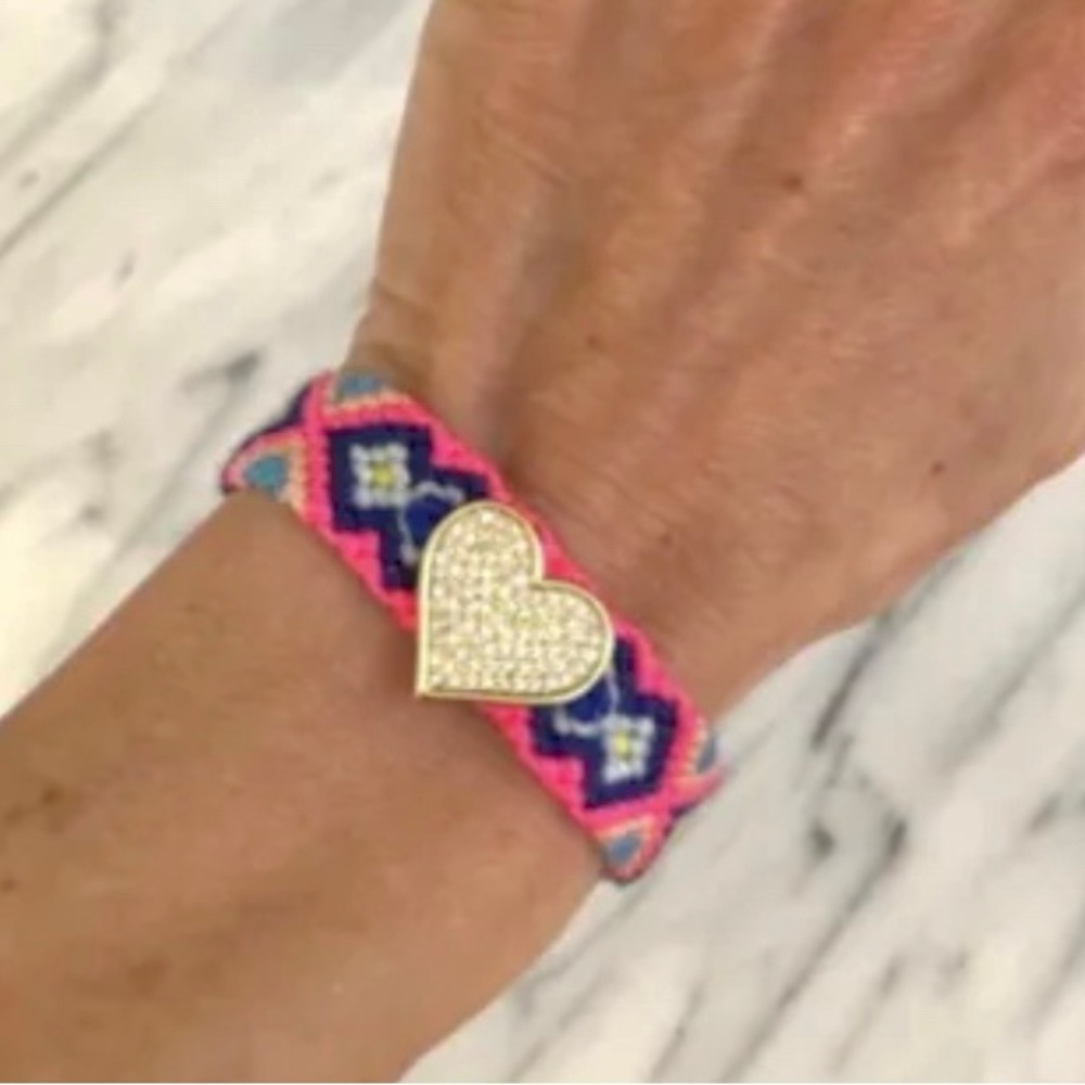 Crystal Gold CZ Heart Charm Woven Bracelet